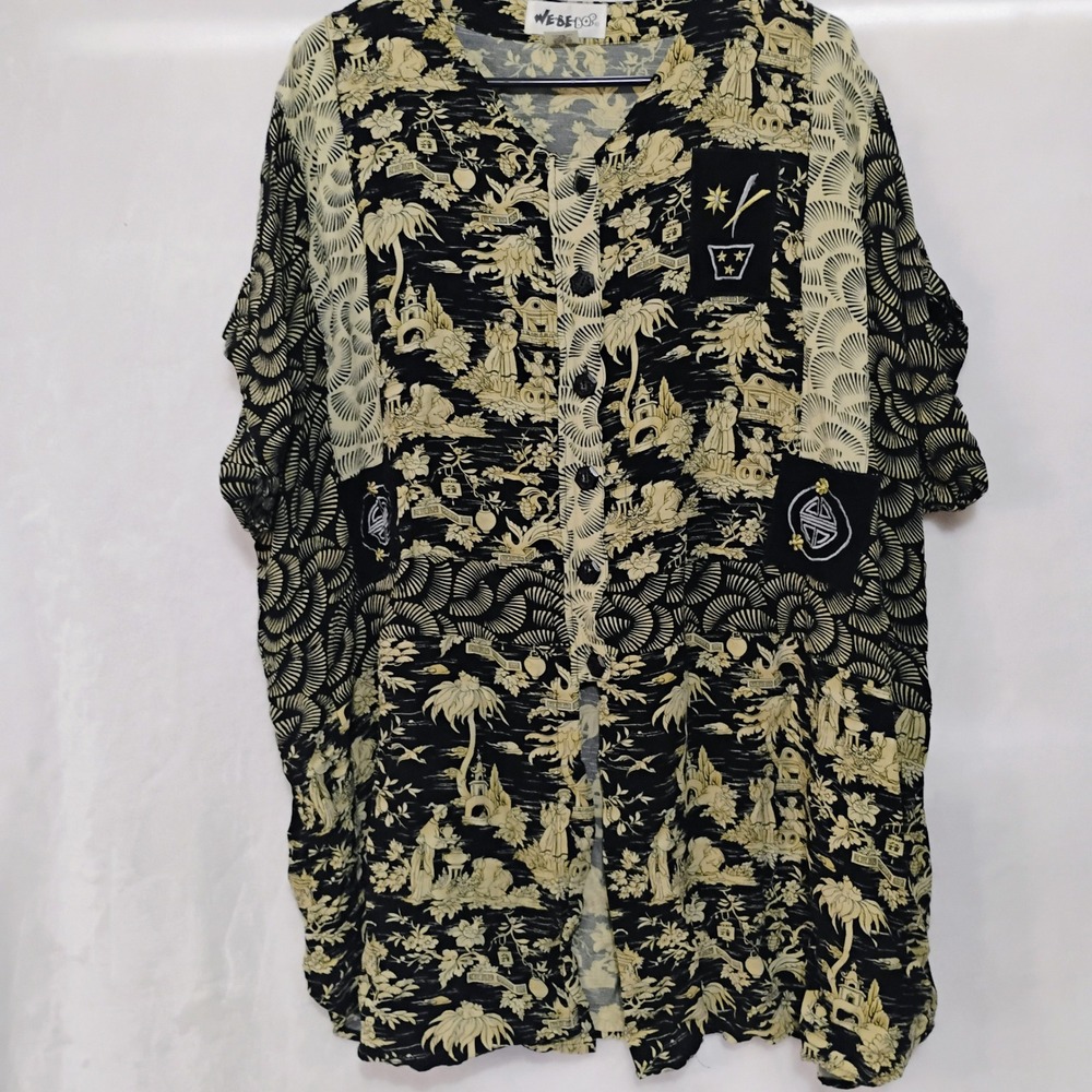 We Be Bop Womens 1X Chinoiserie Fan Print Rayon Button Shirt Black Yellow Vtg